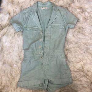 Mint green Madewell utility romper shorts